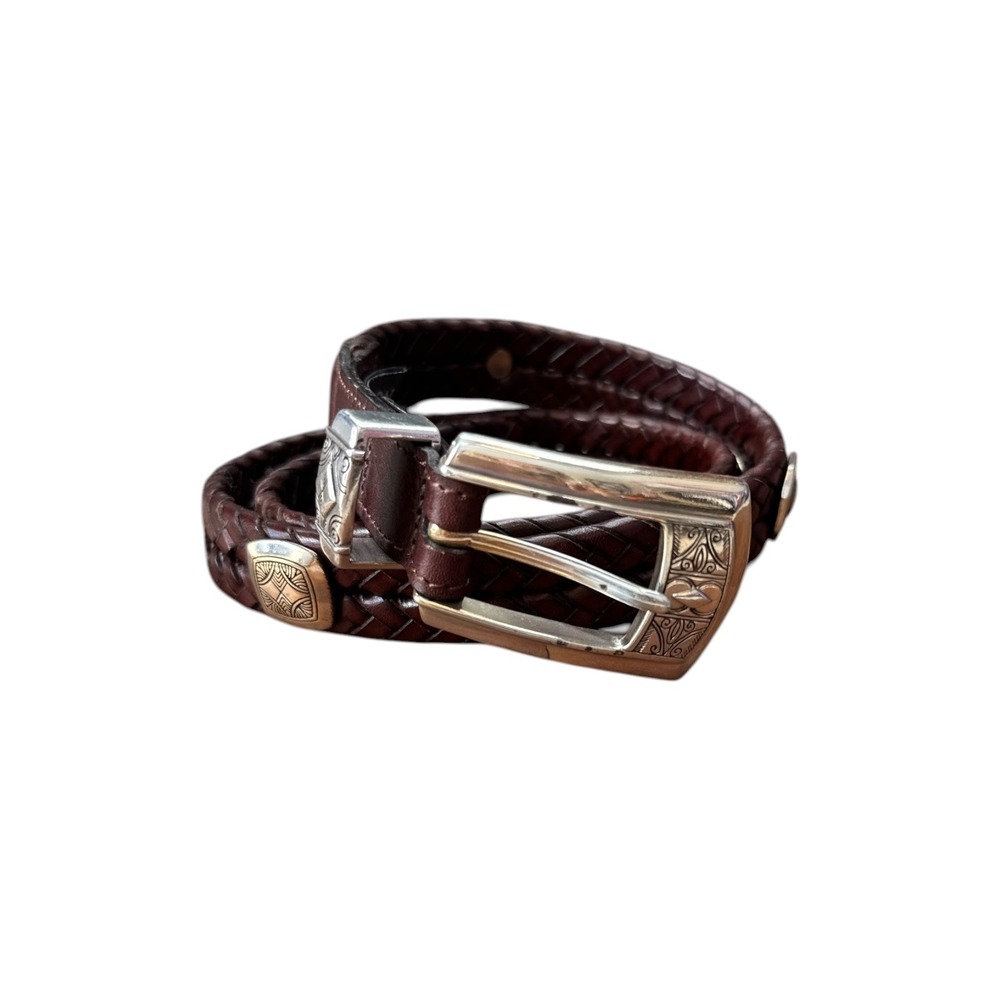 Brighton Braided‎ Leather SZ M 30 Belt Brown Silver Engraved Buckle Western Boho